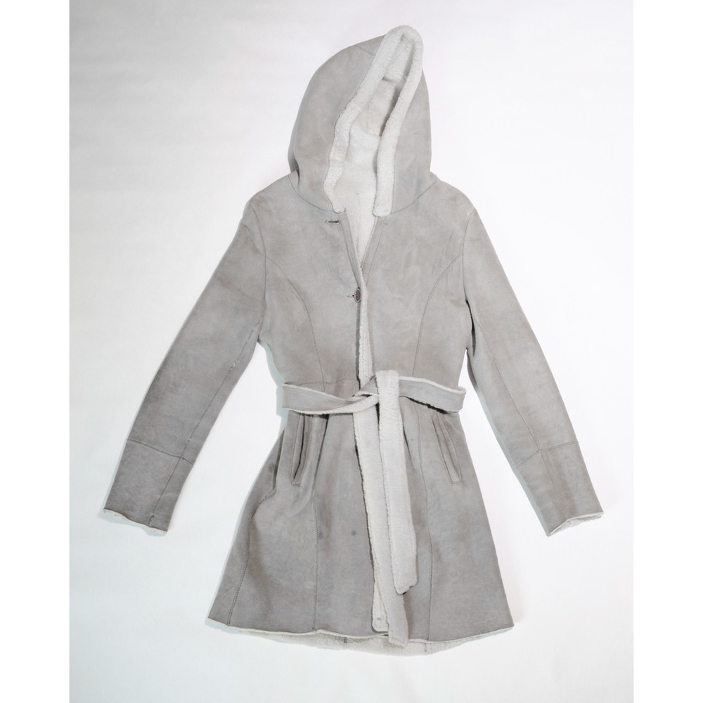 Vintage Leather Shearling Gray Grey White Hood Hooded  Belte Coat Jacket Size XS